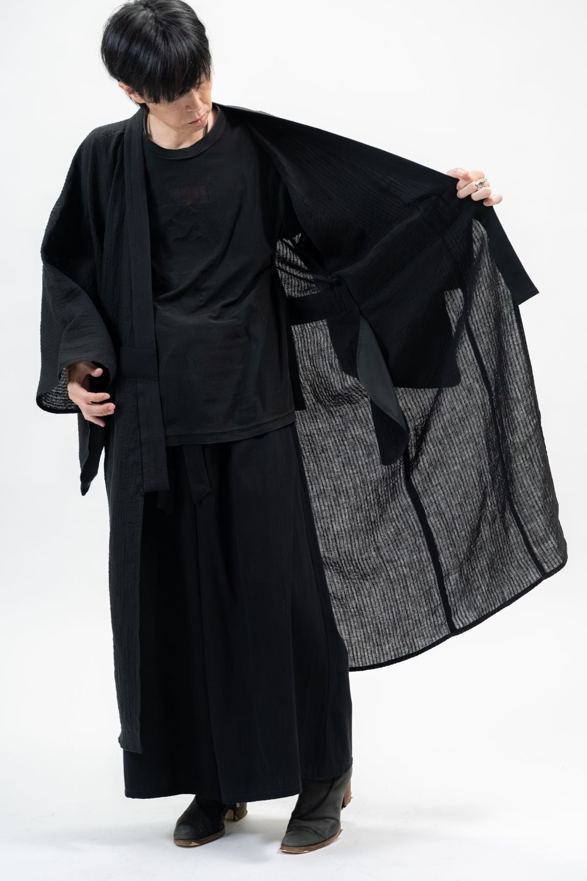 BLACK LINEN YUKATA with LEATHER BELT