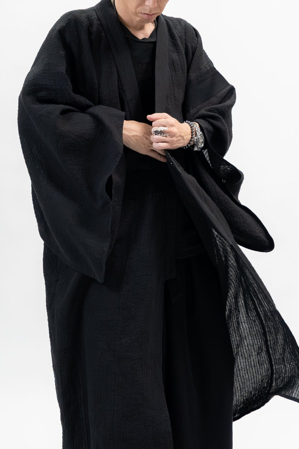BLACK LINEN YUKATA with LEATHER BELT