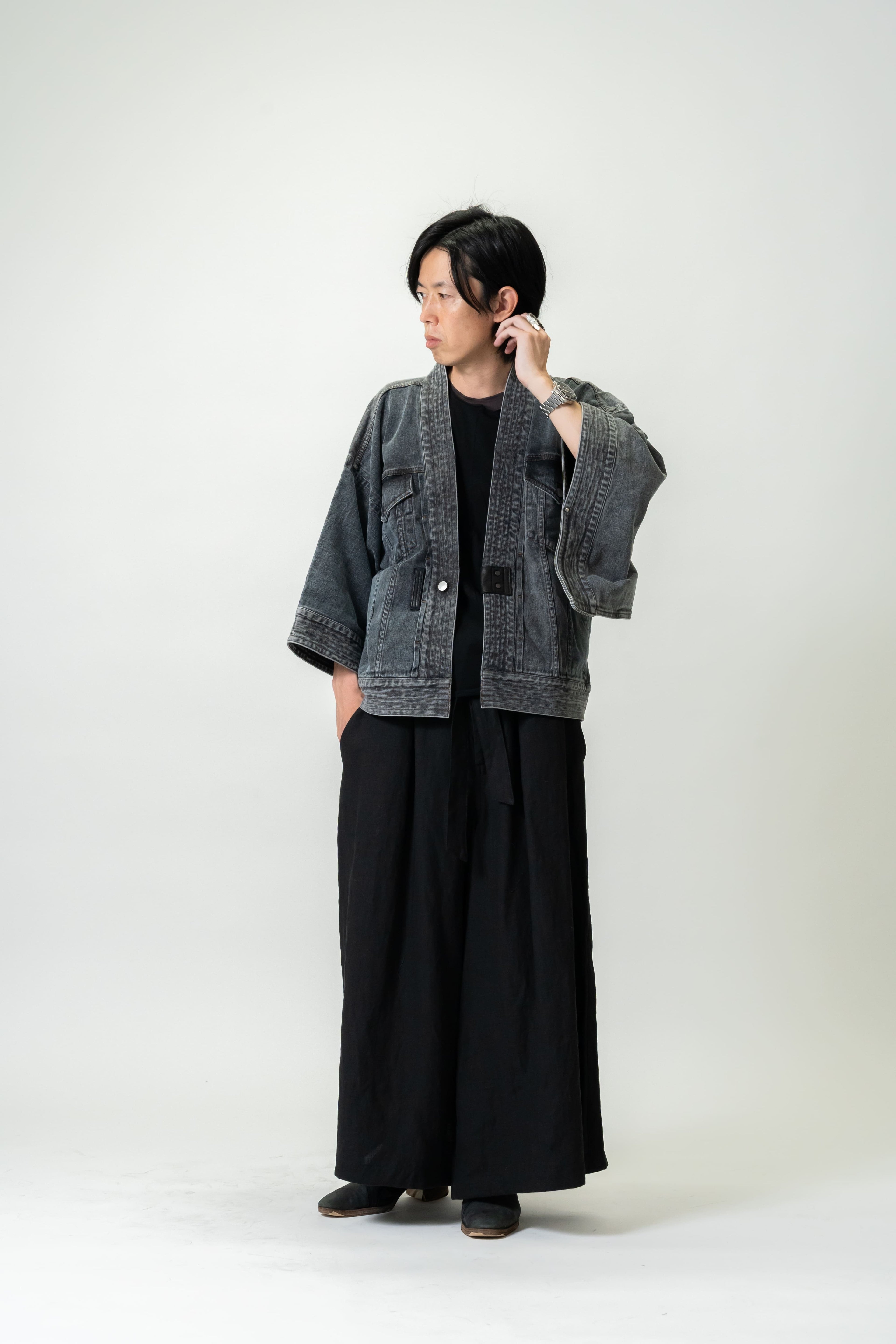THE KIMONO Denim Jacket – BLACK ICE Okayama Denim × Arizona Leather