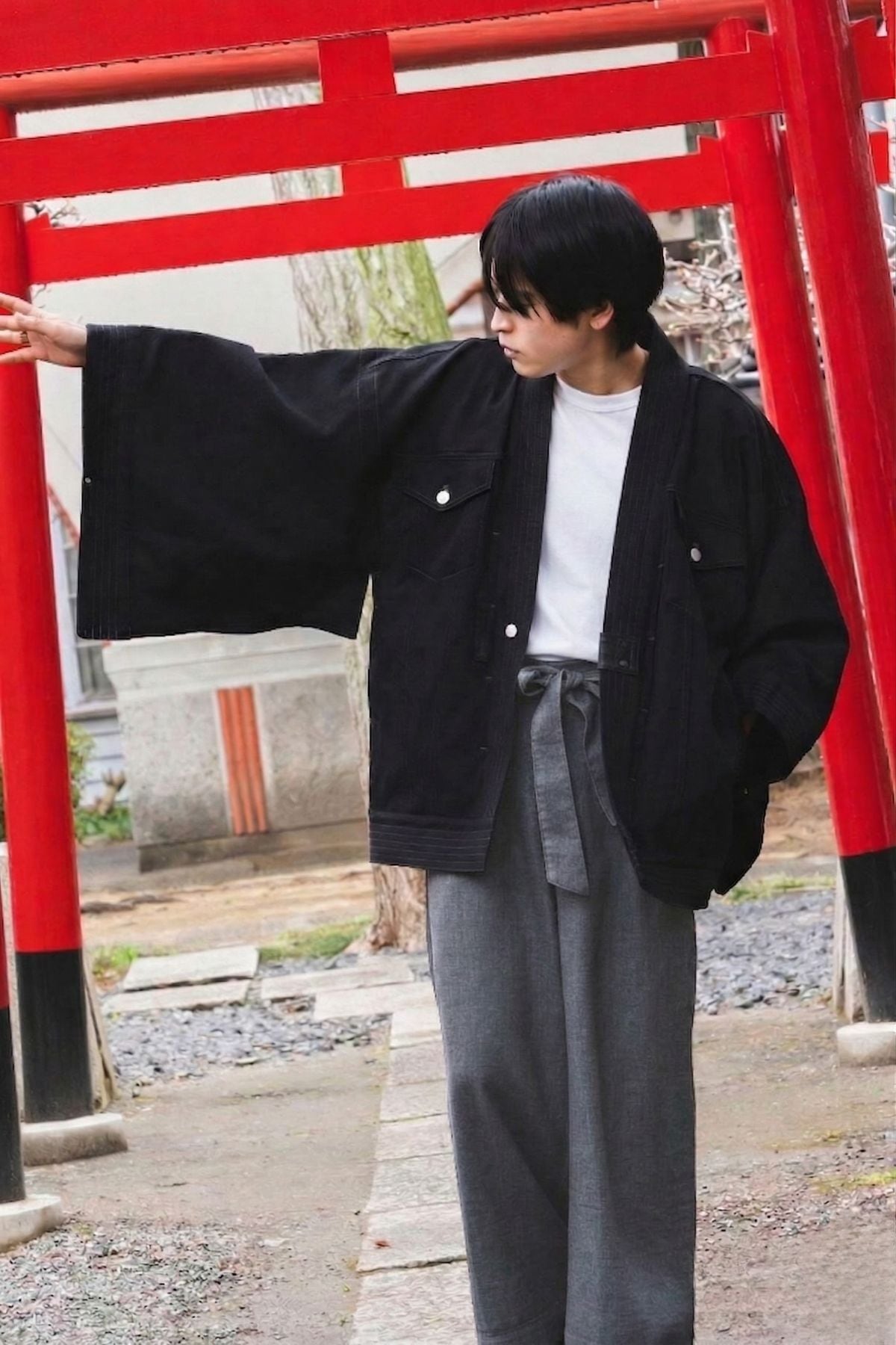THE KIMONO Jacket – Black Okayama Denim × Arizona Leather