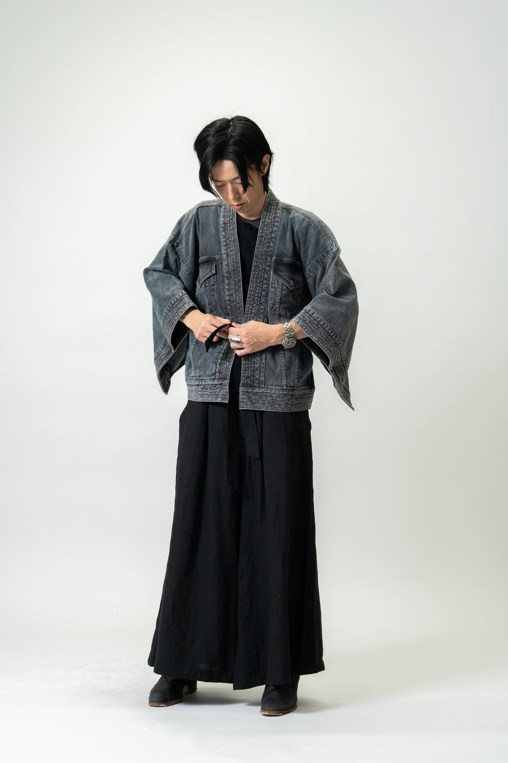 THE KIMONO Denim Jacket – BLACK ICE Okayama Denim × Arizona Leather