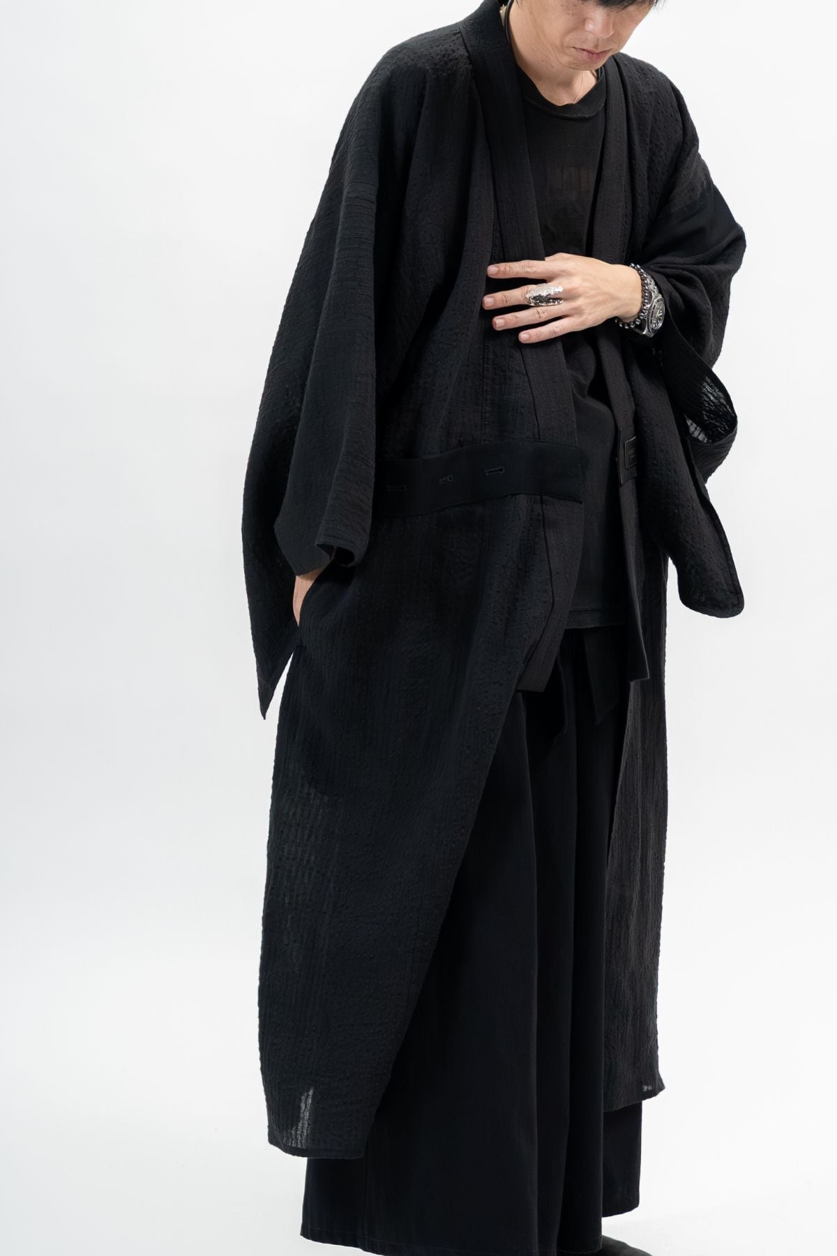 BLACK LINEN YUKATA with LEATHER BELT