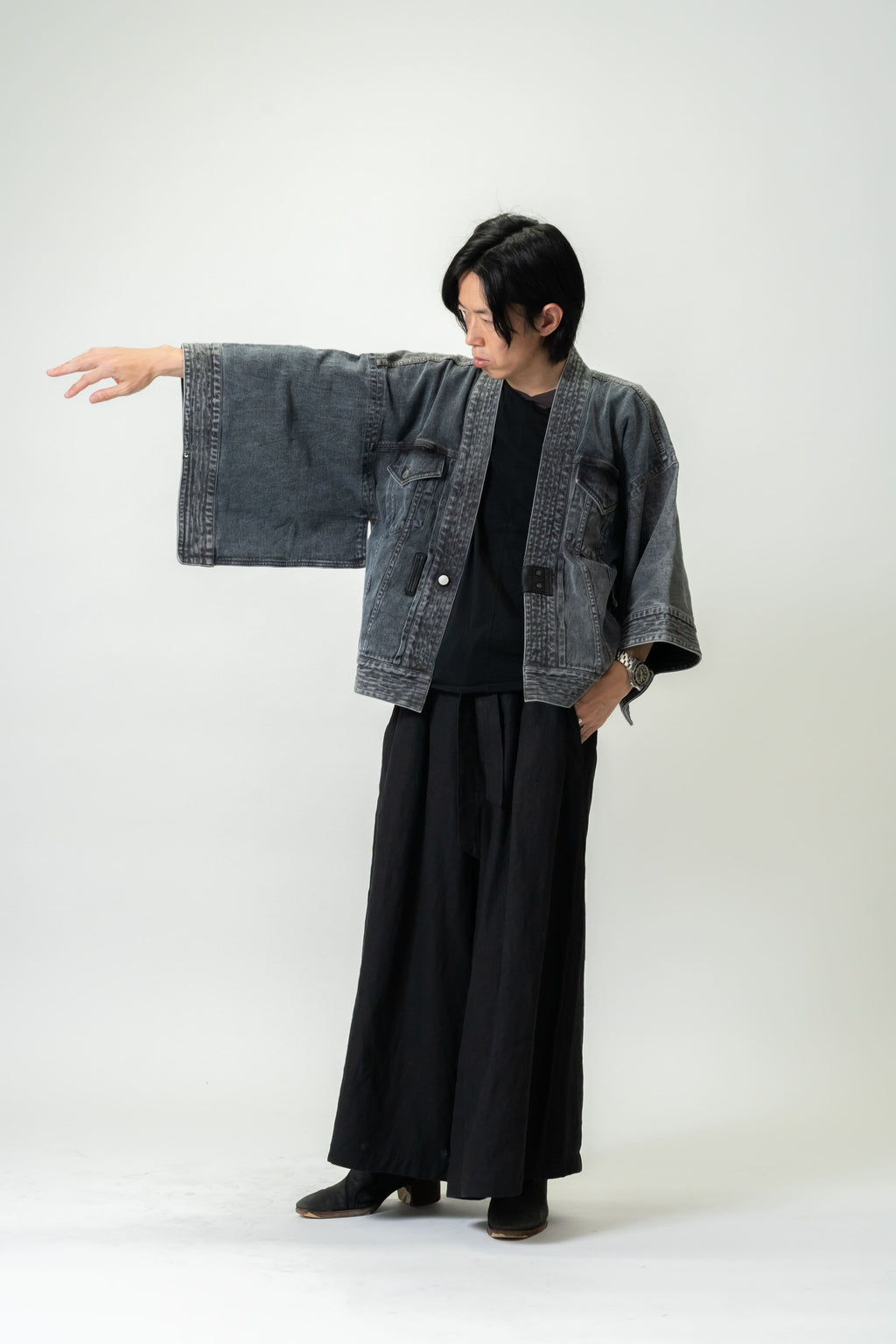 THE KIMONO Denim Jacket – BLACK ICE Okayama Denim × Arizona Leather