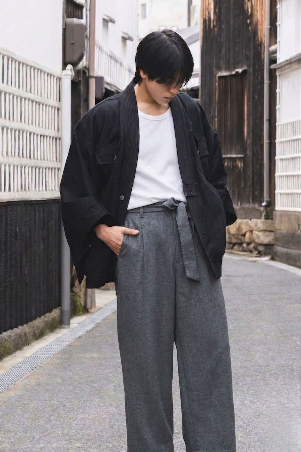 THE KIMONO Jacket – Black Okayama Denim × Arizona Leather