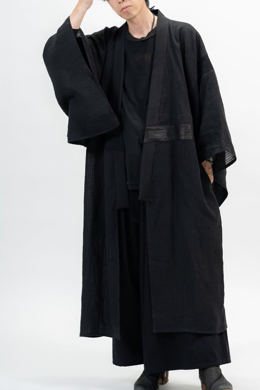 BLACK LINEN YUKATA with LEATHER BELT