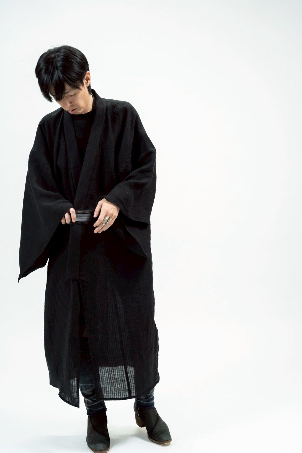 BLACK LINEN YUKATA with LEATHER BELT