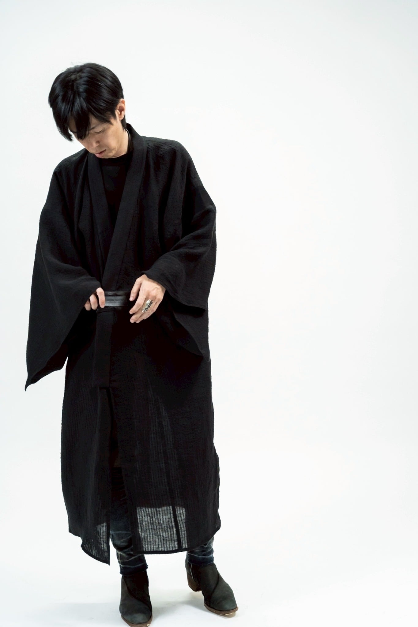 BLACK LINEN YUKATA with LEATHER BELT