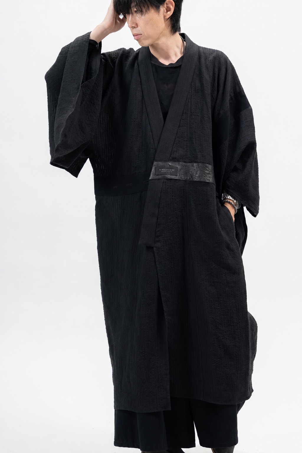 BLACK LINEN YUKATA with LEATHER BELT