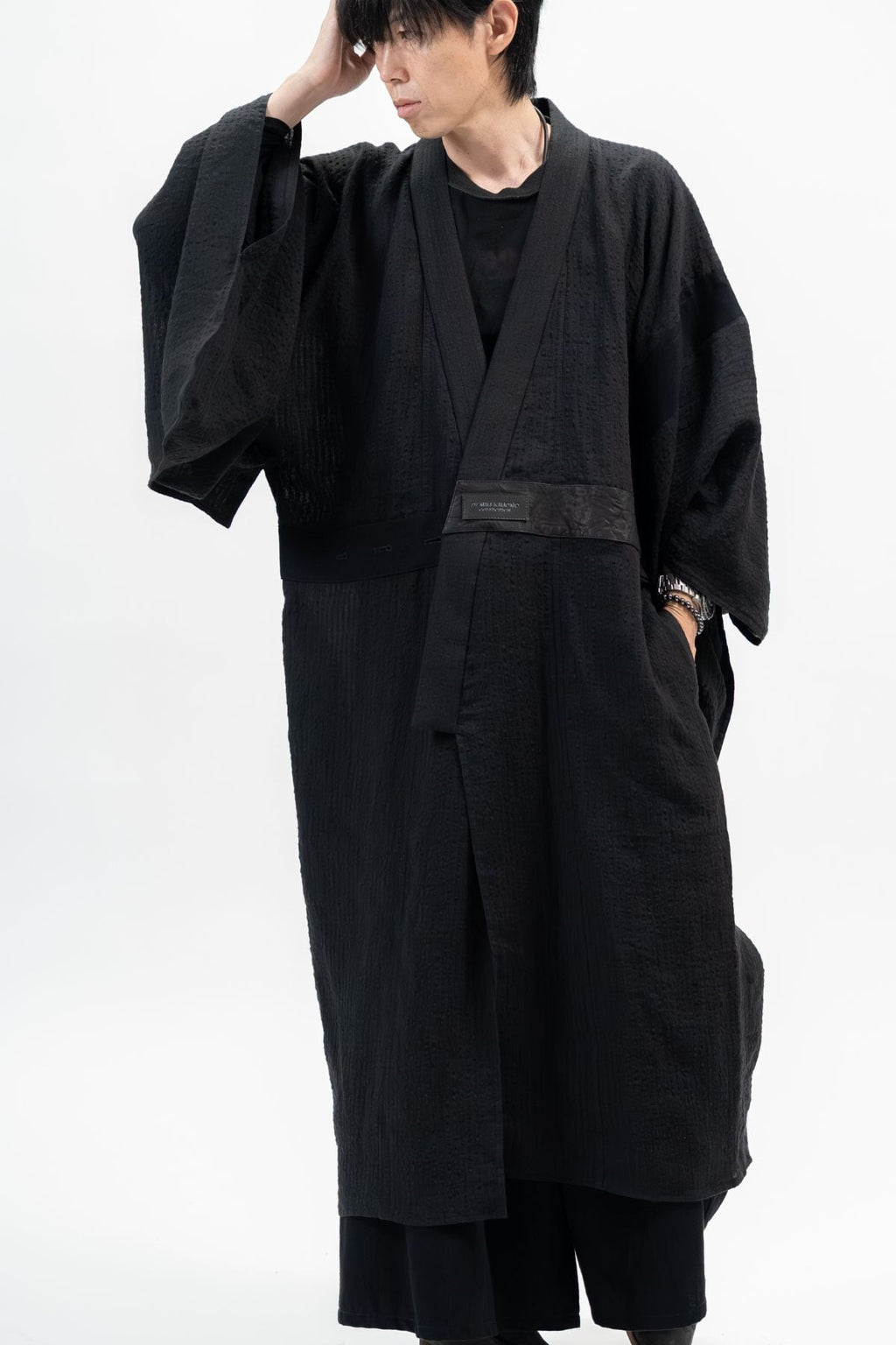 BLACK LINEN YUKATA with LEATHER BELT