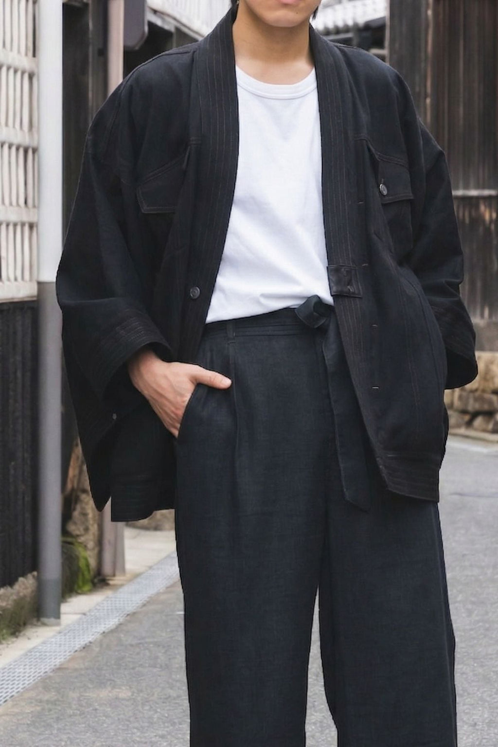 THE KIMONO Jacket – Black Okayama Denim × Arizona Leather