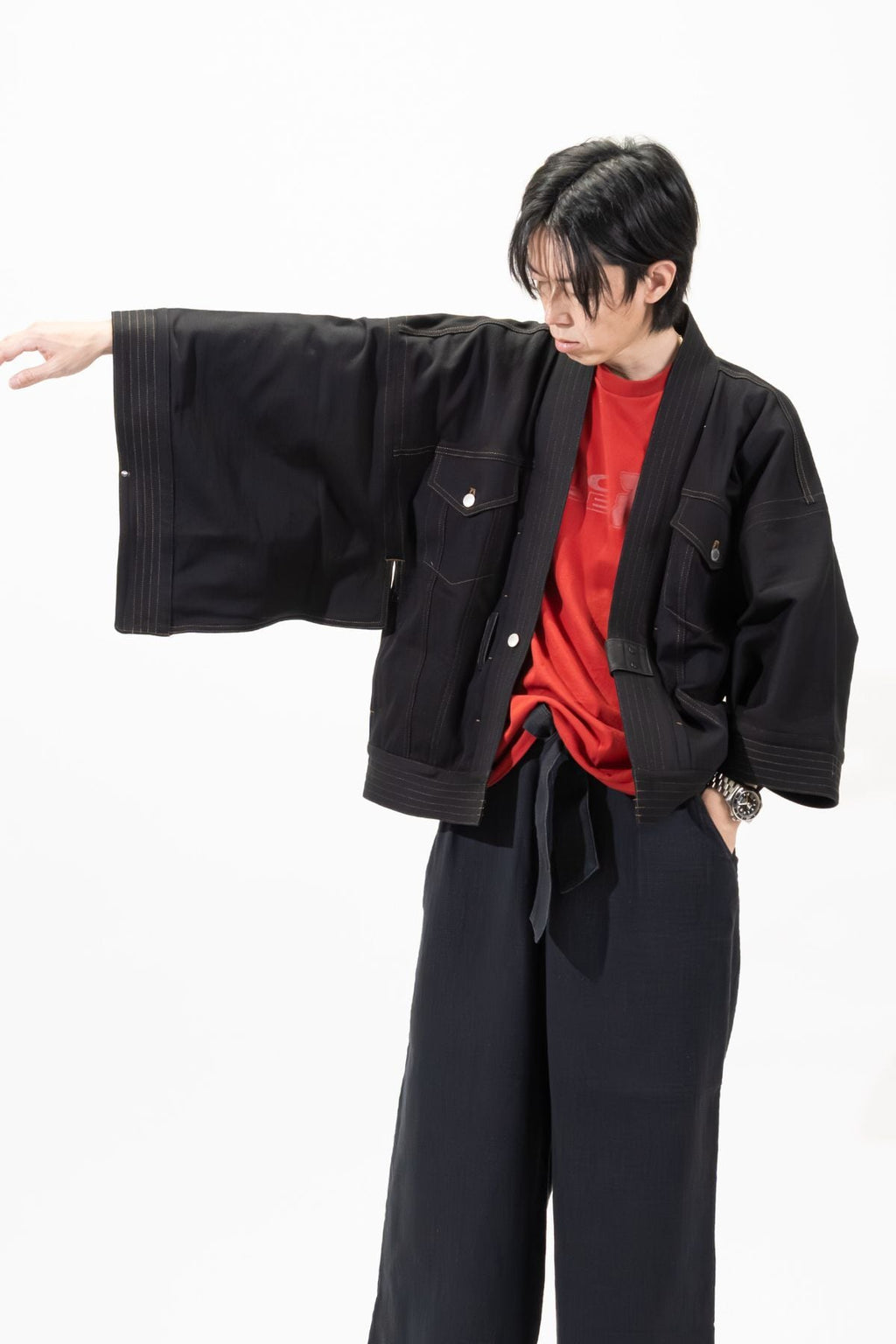 THE KIMONO Jacket – Black Okayama Denim × Arizona Leather