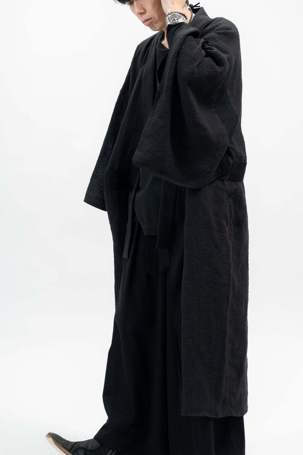 BLACK LINEN YUKATA with LEATHER BELT