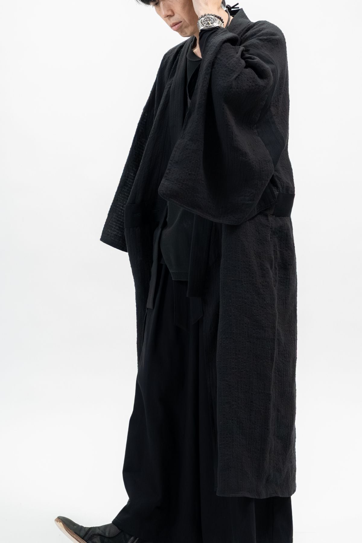 BLACK LINEN YUKATA with LEATHER BELT