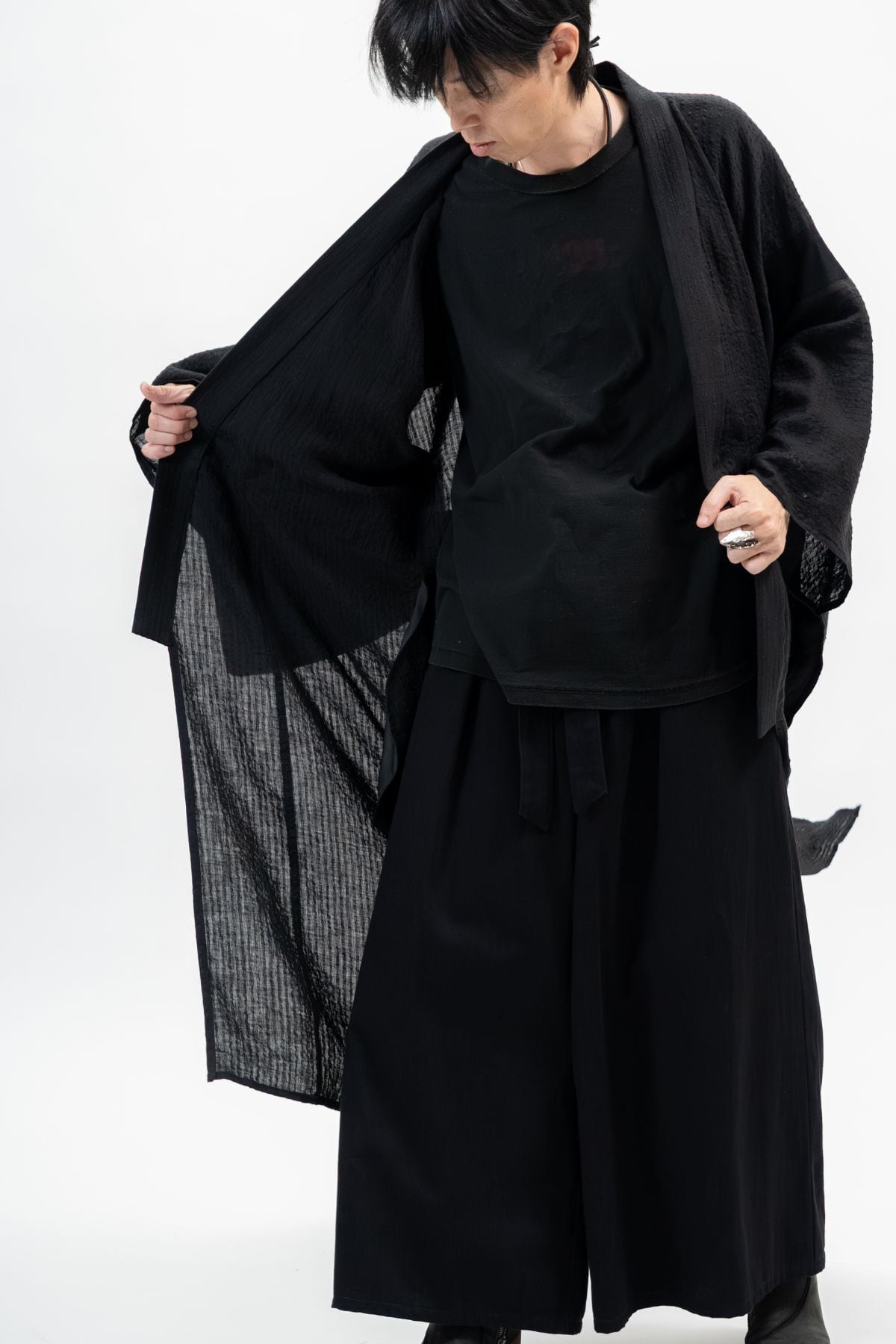BLACK LINEN YUKATA with LEATHER BELT