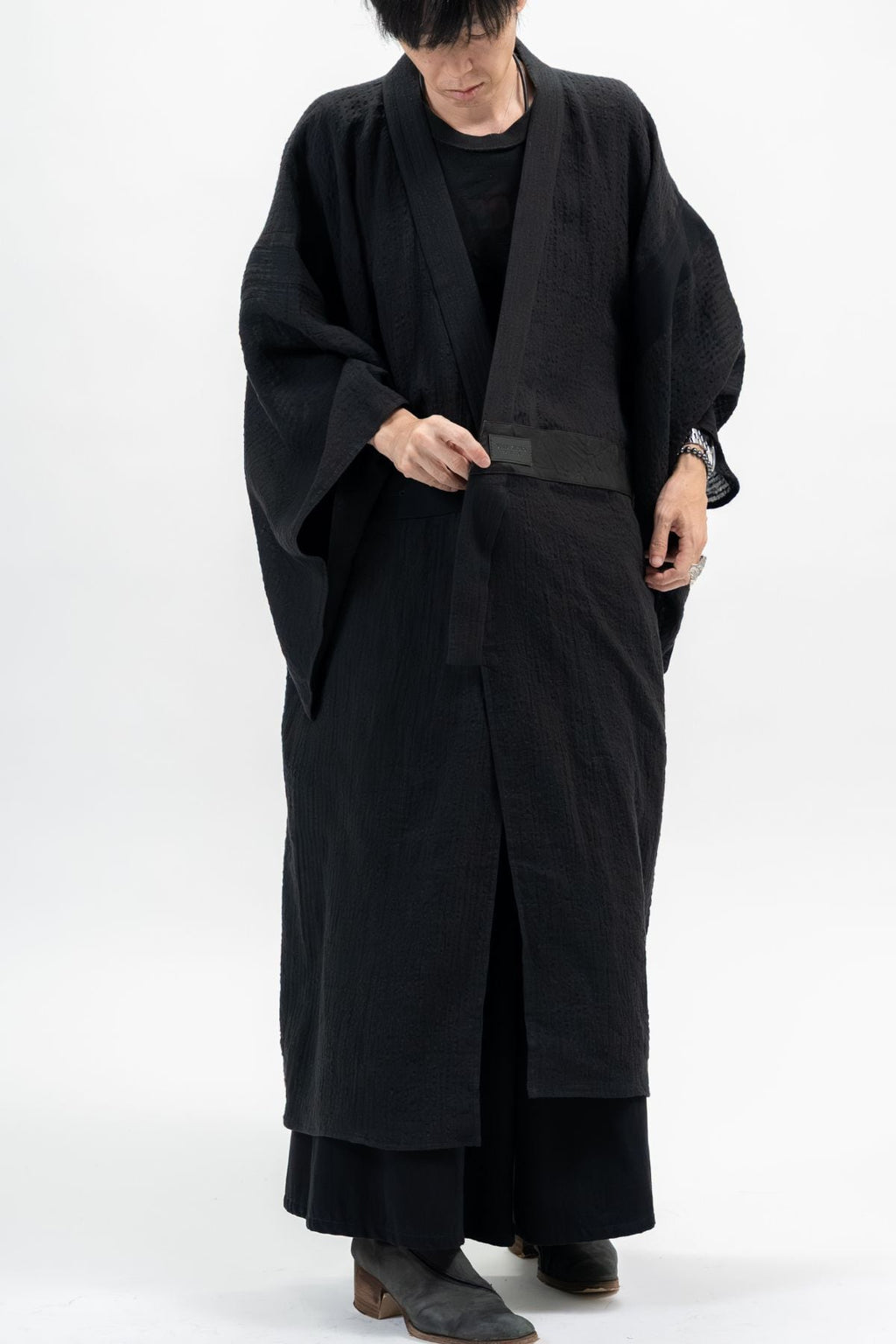 BLACK LINEN YUKATA with LEATHER BELT
